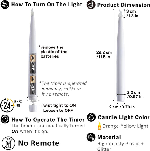FURORA LIGHTING Gold LED Taper Candles, Battery Operated Pack of 2, Electric Candles with 6/18 Timer, Winter Decorations