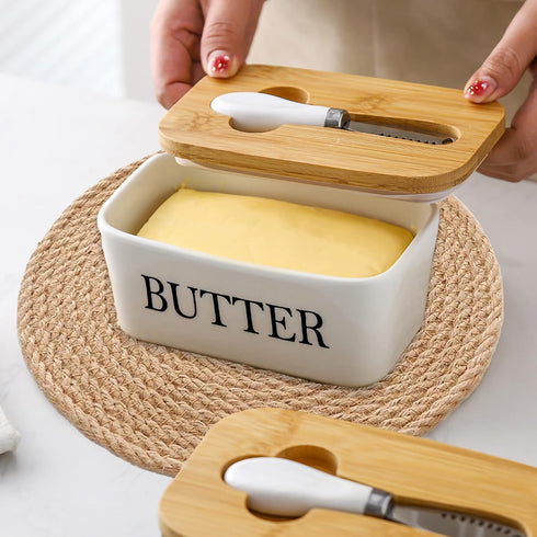 Large Butter Dish with Lid, Ceramic Container for Countertop with Knife Holder and Double Silicone Seals