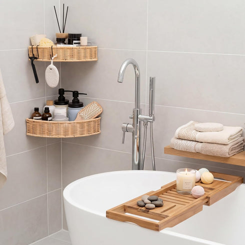 2 Pack GRANNY SAYS Wicker Corner Shower Caddy Hanging, Shower Shelf for Inside Showers, Adhesive Shelves for Bathroom