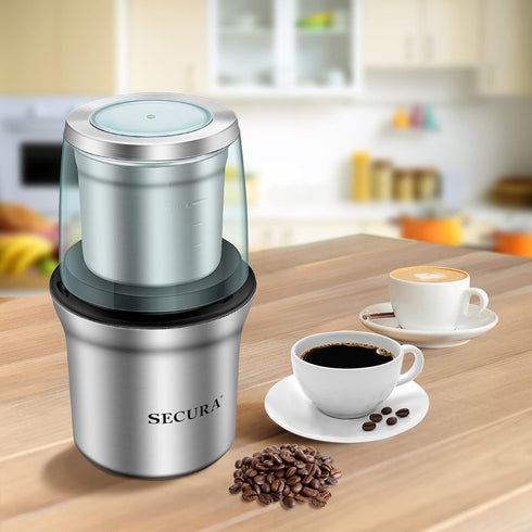 Secura Electric Coffee Grinder and Spice Grinder with Removable Bowls, Dry Grinding