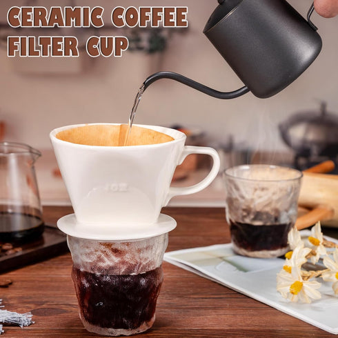 Ceramic Pour Over Coffee Dripper, Easy Manual Brew Maker - 3 Holes Flat Bottom Porcelain Slow Filter Cone for Home