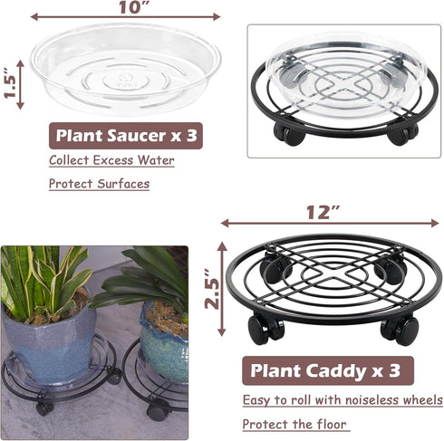 lucpur 12" 3 Packs Metal Plant Caddy with Wheels Large Rolling Plant Stands Indoor Wheeled Plant Dolly Heavy-duty