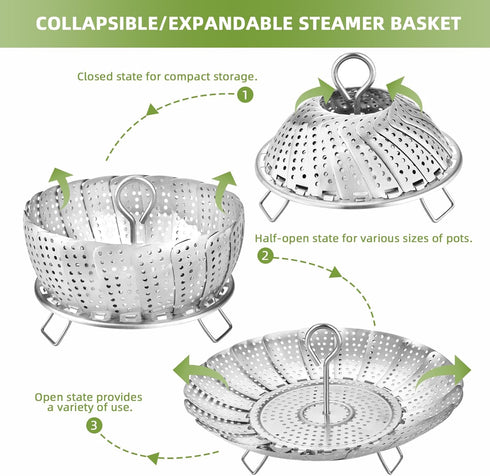 Steamer Basket, Premium Stainless Steel Vegetable Steamer Basket for Veggies & Seafood Cooking, Expandable Food Steaming Basket Fits for Various Size Pots & Pans (6.4" to 10") LAIHIFA