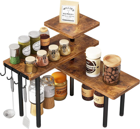IBUYKE Kitchen Countertop Organizer,3-Tier Wooden Spice Racks,Bathroom Counter OrganizerRotating Adjustable,4 Side Hooks,Corner