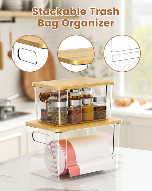 2 Pack, 4-33 Trash Bag Dispenser Stackable Trash Bag Holder with Bamboo Lid Clear Plastic Garbage Bag Organizer for Gal