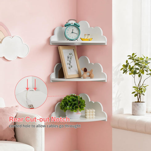 ShelvesSet 3 Cloud Corner Floating of White Corner Wall Shelf Floating Wooden Cute Wall Mounted Shelves Clouds Dispaly