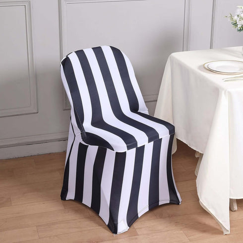 2" 160GSM Efavormart Black & White Striped Spandex Stretch Fitted Folding Chair Cover with Foot Pockets - Premium