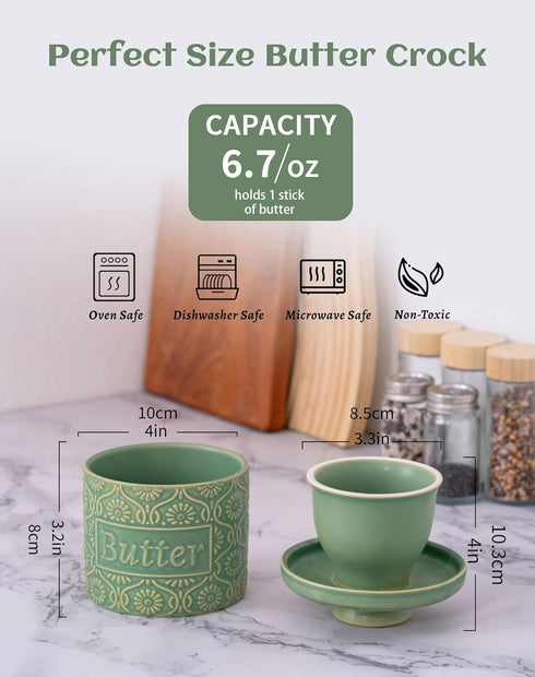 6.7oz TEATALK Ceramic French Butter Crock - Vintage Relief Pattern Butter Keeper with Water Seal, Green Butter Dish
