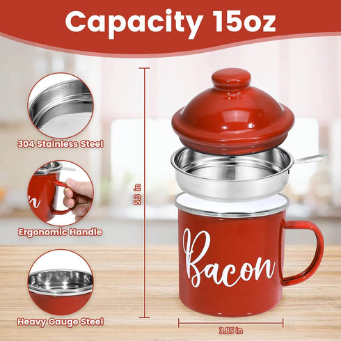 15oz Bacon Grease Saver with Strainer - Enamel Grease Container, Farmhouse Bacon Grease Keeper For Kitchen Fat Storage
