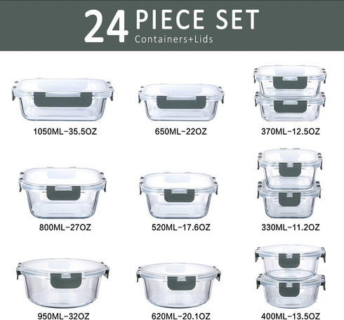 M MCIRCO 24-Piece Glass Food Storage Containers, Upgraded Snap Locking Lids, Airtight Meal Prep Containers Set