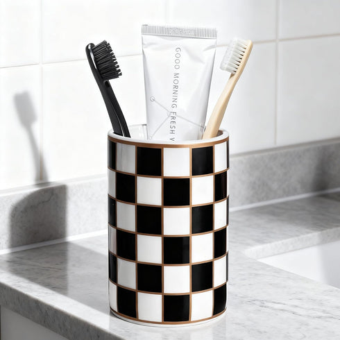 countertop Checkered Bathroom Toothbrush Holder, Bathroom Black and White Ceramic Toothbrush Holder, Modern Toothbrush