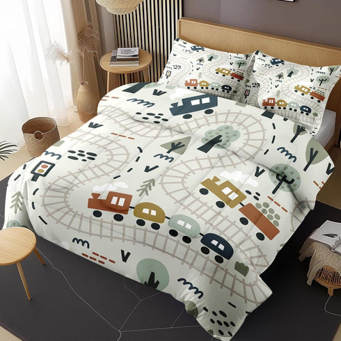 Set 2 Cozy Set Comforter with Pillowcases Queen Size, Cartoon Car Train Road Map, Bed Decor Cute Forest Traffic Baby