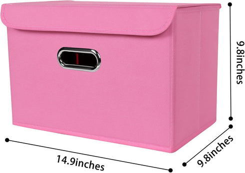 Linen Fabric Foldable Storage Cube Bin Organizer, 3Pcs Fabric Bins with Lid and Leather Handles for Home, Closet, Pink