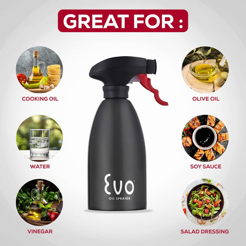 Evo Oil Sprayer 18/8 Stainless Steel Non-Aerosol for Olive, Cooking Oils, Vinegars, Black, 16-Ounce Capacity