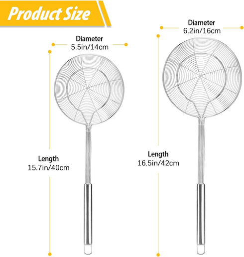Pack of 2 Large Spider Strainer - Stainless Steel Skimmer Basket, Kitchen Ladle Strainers for Cooking