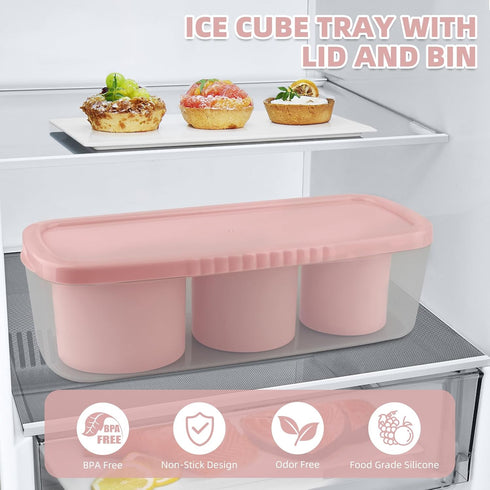Fu Store Ice Cube Tray for Stanley Cup 30-40 oz Tumbler, 3pcs Silicone Molds with Lid and Bin (Pink, 40 oz)
