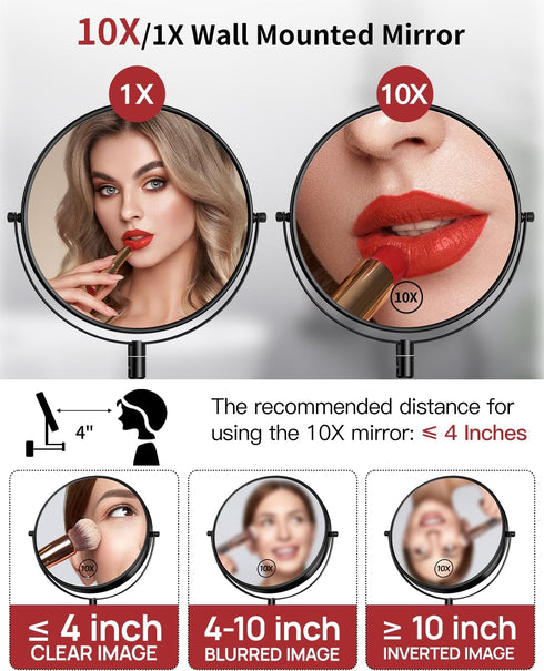 9" 1X/10X 360 Gospire Large Size Wall Mount Magnifying Mirror, Magnification Double-Sided, Swivel Extendable Cosmetic