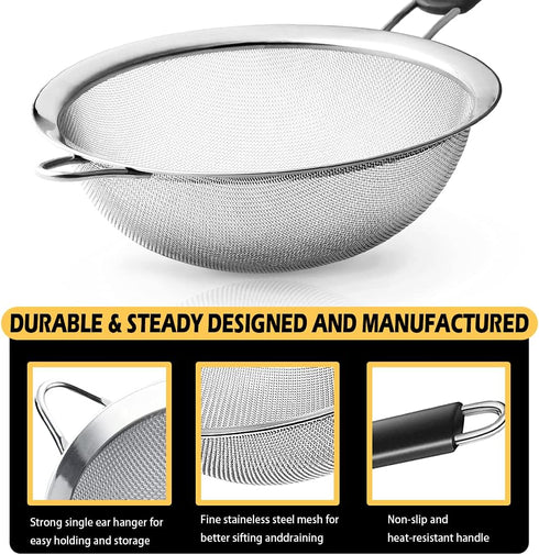 Stainless Steel Fine Mesh Strainers, Set of 3 Sizes, Kitchen Strainer with Insulated Handle for Food Preparation