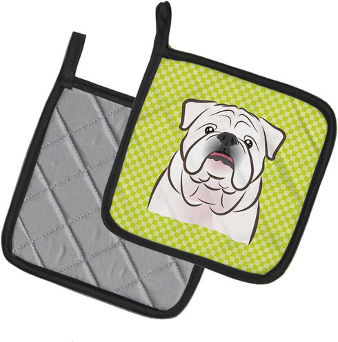 Caroline's Treasures BB1282PTHD Checkerboard Lime Green White English Bulldog Pair of Heat Resistant Pot Holders for