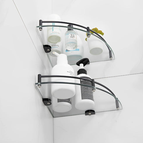 2 Pack 304 24cmx24cm 6mm, Glass Shower Corner Shelves - Floating Bathroom Shelves Tempered Glass Shelf with Rails SUS