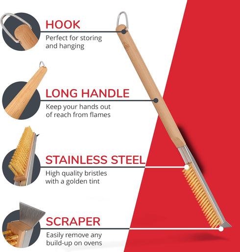 22 Senwosa Pizza Oven Brush with Stone Scraper - Heat Resistant Stainless Steel Bristles, Extra Long Handle - Universal
