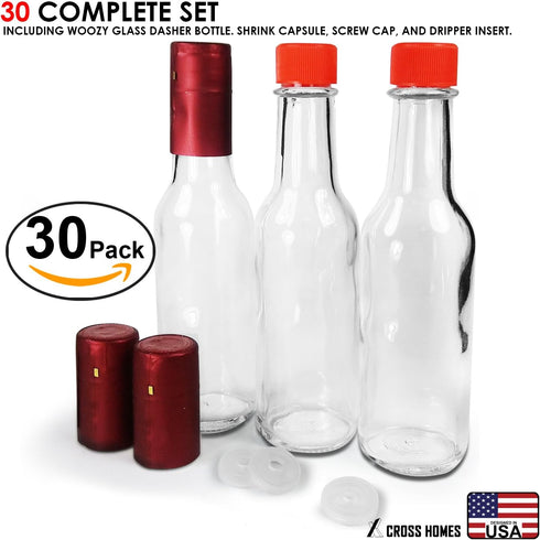 CROSS HOMES 3oz Woozy 30) Hot Sauce Bottles, Empty Clear Glass Bottles with Shrink Capsules, Small Wine Bottle