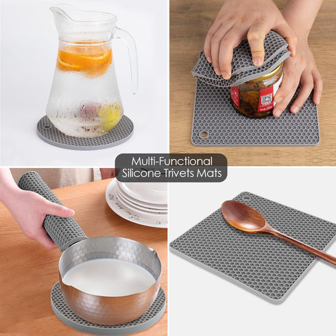 Silicone Trivet Mats - Heat Resistant Pot Holders for Hot Pots and Pans, 4 Pack Gray Trivets for Tables