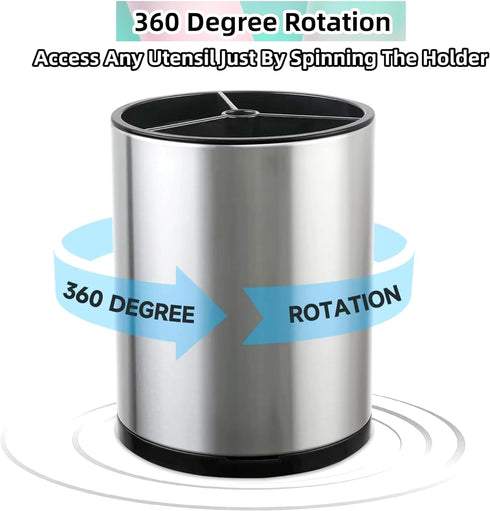 Extra Large Kitchen Utensil Holder, 360° Rotating Stainless Steel Storage Caddy for Flatware and Cooking Tools