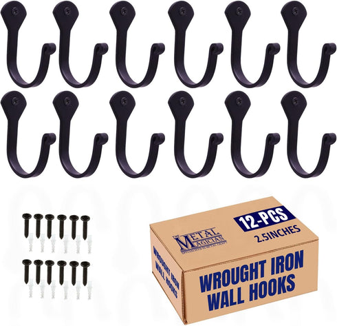 Single Prong Wrought Iron Hooks: Vintage Hand Forged Classic Hook Set, Rustic Curved Metal Fasteners, Set of 12