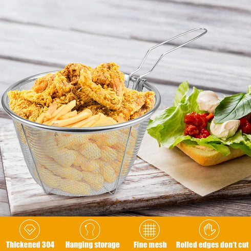 Stainless Steel Deep Fry Basket, Round Wire Fry Basket with Folding Handle for Home Restaurant Cooking Serving (7 Inch)