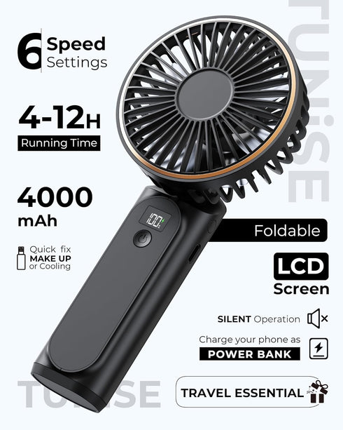 Portable Handheld Fan, 4000mAh, 180 Adjustable, 6 Speed Wind, USB Rechargeable Foldable Personal Fan