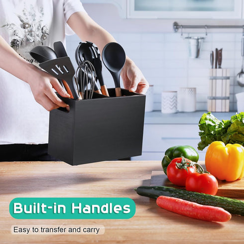 ALELION Black Utensil Holder for Kitchen Counter, Large 2 Compartment Caddy Organizer for Spatula and Ladles