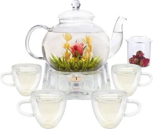 Glass Teapot Set, 40OZ/1200ml Stovetop Safe Glass Tea Kettle with 4 Double-Wall