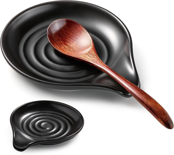 Spoon Rest for Stove Top, 6.1" Large Ceramic Holder for Kitchen Counter Decor, Black Color