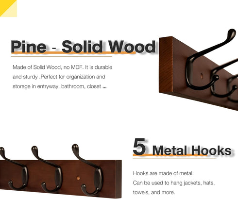 Wall Mount Coat Rack, Coat Hooks, 2 Pack Walnut Wall Hat Hanger