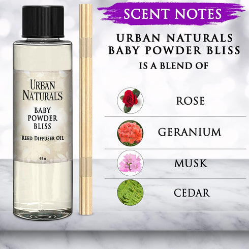 4 oz Urban Naturals Reed Diffuser Oil Refill, Baby Powder Bliss Diffuser Oils with Rose, Geranium, Cedar, + Free Reed