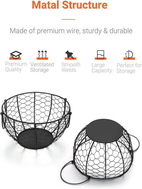 Round Wire Basket Black - Fruit Basket Bowl with Handle for Kitchen Storage of Vegetables and Snacks