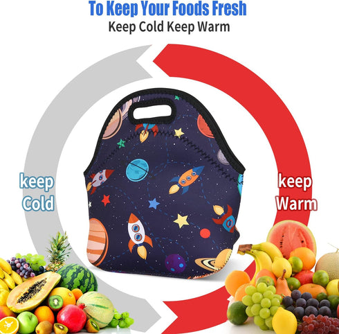 Violet Mist Women's Reusable Neoprene Lunch Bag, Space Rocket, Unisex, 11.4"L x 10.43"H x 5.51"W, fits containers up to
