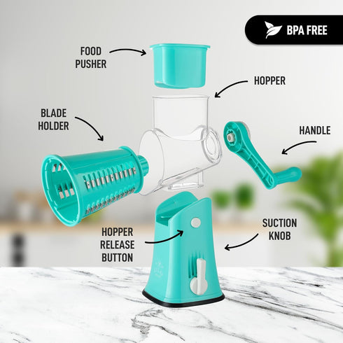 Zulay Rotary Cheese Grater, 5 Blade Manual Hand Crank Cheese Shredder, Calm Teal