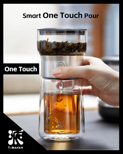 ZENS Modern Glass Tea Infuser Teapot, Smart One Touch Tea Maker for Loose Tea Diffusers with Insulated Mug and Portable
