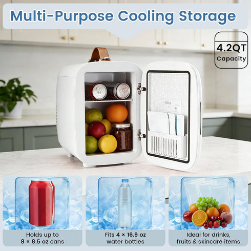 4L/4.23QT 12V NEWBULIG Mini Fridge for Bedroom, Office & Car, Portable Mini Refrigerator for Skincare with Handle