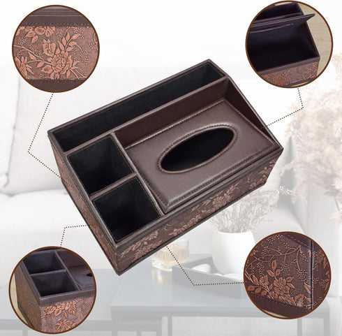 Marte Vanci Leather Tissue Box Cover, Multifunctional Tissue Holder with Remote Control Caddy for Desk, Nightstand