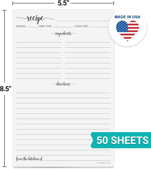 321Done Recipe Paper 5.5x8.5 White, 50-Pack, Made in USA, Blank Recipe Paper to Write in Your Own Recipes, Minimalist Half-Letter Size Refill Pages for Recipe Binder, Recipe Box, Recipe Organizer