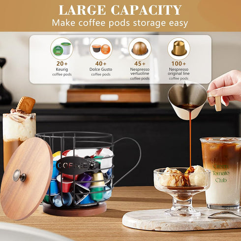Coffee Pod Holder with Lid - Large Capacity K Cup Coffee Filter Holder with Rustic Wooden Base, Black Wire Storage