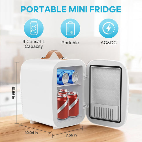4L 6 110V Ac/12V DUMOS Mini Fridge for Bedroom, Compact Personal Fridge Cooler For Skincare, Drinks, And Snacks, Fits