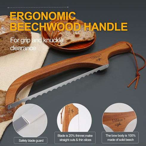 Wooden Bread Bow Knife, 16" Serrated Bagel Knife, Premium Stainless Steel Cutter for Homemade Bread & Bagels