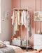 Clothes Rack, Multi-Functional Rolling Garment Rack with Metal Storage Basket and Side Flexing Bar (White)