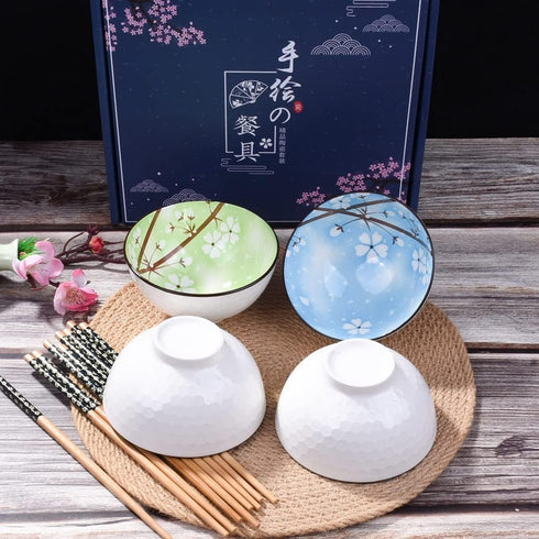 Ceramic Snack Bowl Set of 4 with Chopsticks, Cereal, Rice, Soups, Four Colors: Green, Blue, Pink, Purple, Beautiful Box