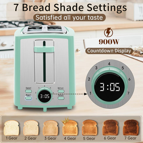 SEEDEEM Toaster 2 Slice, Bread Toaster with LCD Display, 7 Shade Settings, 1.4'' Variable Extra Wide Slots Toaster with Cancel, Bagel, Defrost, Reheat Functions, Removable Crumb Tray, 900W, Azure Blue by SEEDEEM
