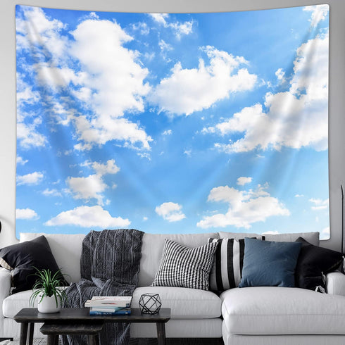 Light Blue Wall Decor Tapestry, Blue Sky White Clouds Natural Landscape Tapestries for Girly Bedroom Living Room